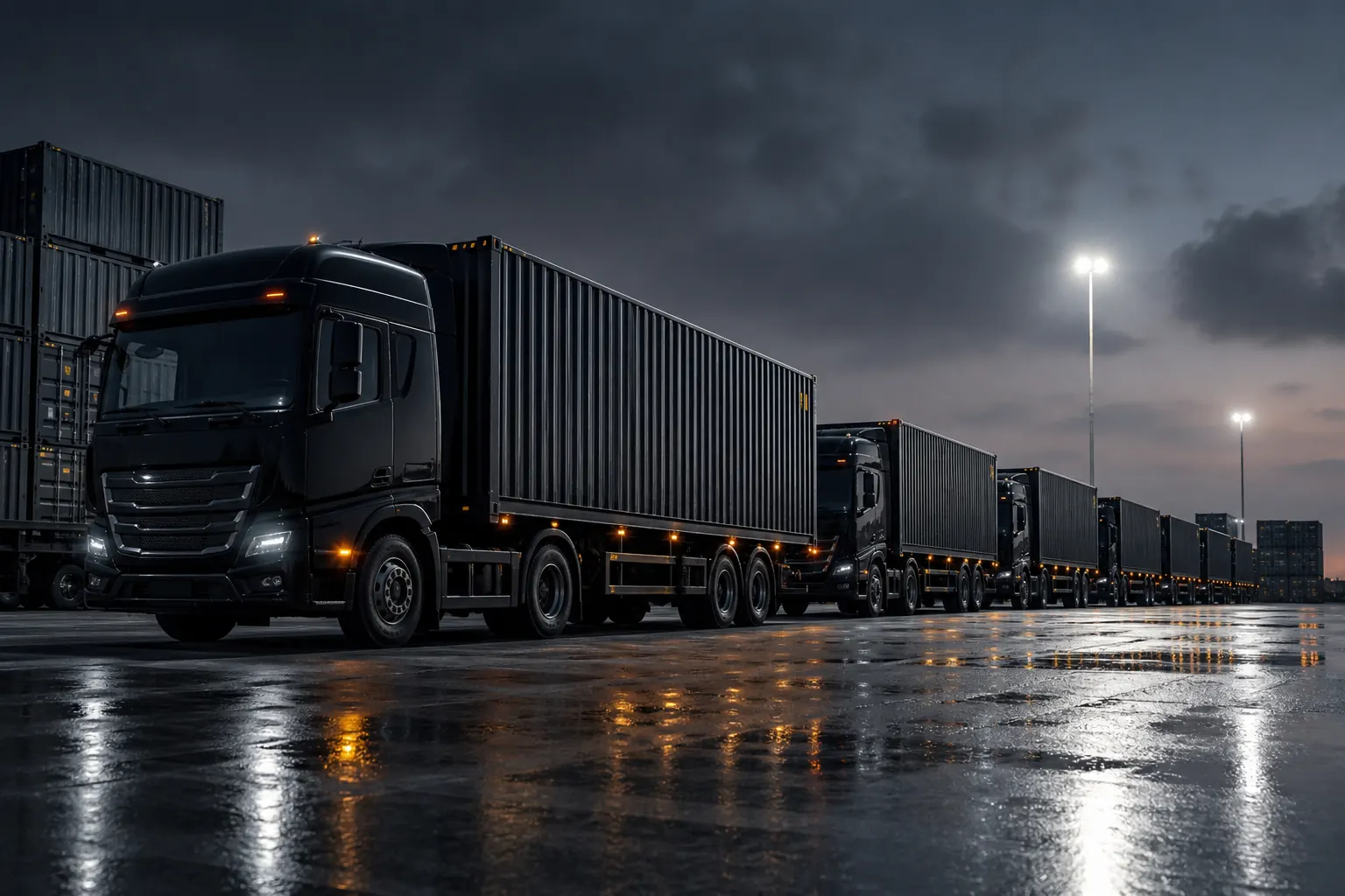 Heavy-duty trucks with shipping containers in a UAE logistics yard at dusk