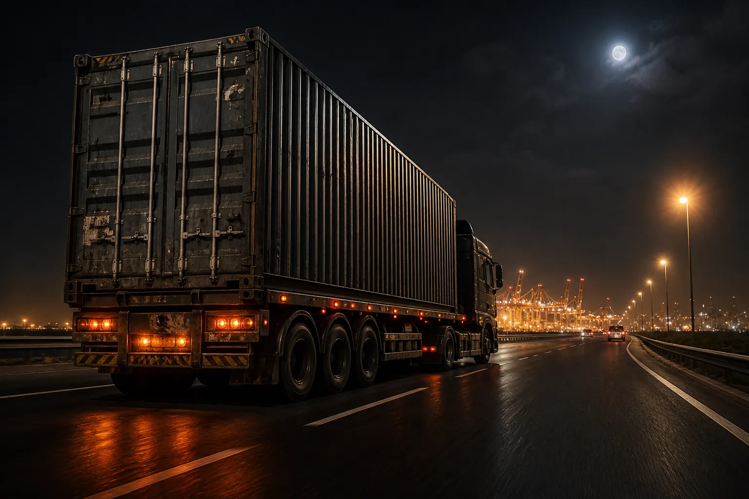 A heavy-duty truck carrying a shipping container on a UAE highway at night